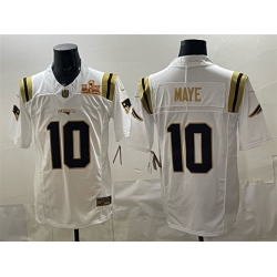 Men New England Patriots 10 Drake Maye White Gold 2025 F U S E  Super Bowl LX Patch Vapor Limited Stitched Football Jersey