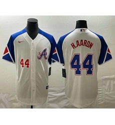 Mens Atlanta Braves #44 Hank Aaron Number White 2023 City Connect Cool Base Stitched Jersey