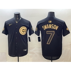Men Chicago Cubs  7 Dansby Swanson Black Gold 150th Anniversary Patch Stitched Baseball Jersey