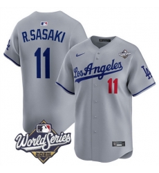 Men Los Angeles Dodgers 11 Roki Sasaki Grey 2025 World Series Patch Limited Stitched Baseball Jersey