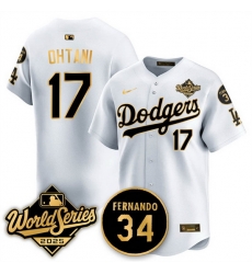 Men Los Angeles Dodgers 17 Shohei Ohtani White Gold 2025 World Series With No 34 Patch Limited Stitched Baseball Jersey Men Los Angeles Dodgers 17 Shohei Ohtani White Gold 2025 World Series With No 34 Patch Limited Stitched Baseball Jersey