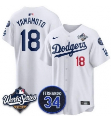 Men Los Angeles Dodgers 18 Yoshinobu Yamamoto White 2025 World Series With No 34 Patch Home Limited Stitched Baseball Jersey Men Los Angeles Dodgers 18 Yoshinobu Yamamoto White 2025 World Series With No 34 Patch Home Limited Stitched Baseball Jersey