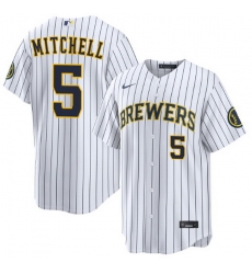 Men Milwaukee Brewers Garrett Mitchell #5 Home White Strips Stitched Limited Jersey Men Milwaukee Brewers Garrett Mitchell #5 Home White Strips Stitched Limited Jersey