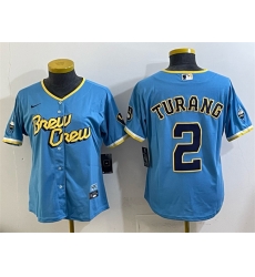 Women Milwaukee Brewers 2 Brice Turang Powder Blue City Connect Cool Base Stitched Jersey 28Run Small 29 Women Milwaukee Brewers 2 Brice Turang Powder Blue City Connect Cool Base Stitched Jersey 28Run Small 29