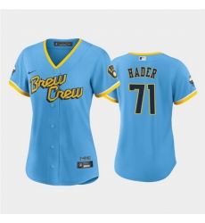 Women Milwaukee Brewers 71 Josh Hader 2022 Powder Blue City Connect Cool Base Stitched Jersey Women Milwaukee Brewers 71 Josh Hader 2022 Powder Blue City Connect Cool Base Stitched Jersey