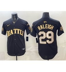 Men Seattle Mariners 29 Cal Raleigh Black Gold 50th Anniversary AL West Division Champions Patch Vapor Limited Stitched Baseball Jersey Men Seattle Mariners 29 Cal Raleigh Black Gold 50th Anniversary AL West Division Champions Patch Vapor Limited Stitched Baseball Jersey