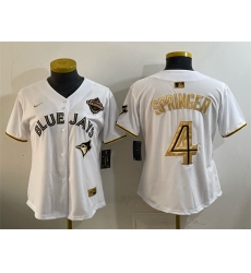 Women Toronto Blue Jays 4 George Springer White Gold 2025 American League Champions Limited Stitched Baseball Jersey Women Toronto Blue Jays 4 George Springer White Gold 2025 American League Champions Limited Stitched Baseball Jersey