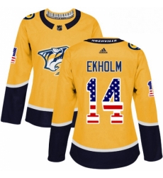 Womens Adidas Nashville Predators 14 Mattias Ekholm Authentic Gold USA Flag Fashion NHL Jersey Womens Adidas Nashville Predators 14 Mattias Ekholm Authentic Gold USA Flag Fashion NHL Jersey