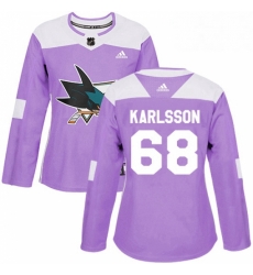 Womens Adidas San Jose Sharks 68 Melker Karlsson Authentic Purple Fights Cancer Practice NHL Jersey Womens Adidas San Jose Sharks 68 Melker Karlsson Authentic Purple Fights Cancer Practice NHL Jersey