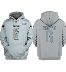 Men Philadelphia Eagles 6 DeVonta Smith Grey Atmosphere Fashion Super Bowl LVII Patch Pullover Hoodie Men Philadelphia Eagles 6 DeVonta Smith Grey Atmosphere Fashion Super Bowl LVII Patch Pullover Hoodie