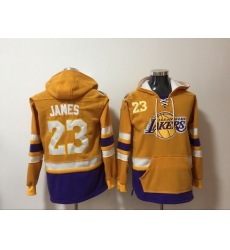 Men's Los Angeles Lakers #23 Lebron James Yellow Lace-Up Pullover Hoodie Men's Los Angeles Lakers #23 Lebron James Yellow Lace-Up Pullover Hoodie