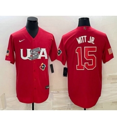 Men USA Baseball #15 Bobby Witt Jr 2023 Red World Baseball Classic Stitched Jerseys Men USA Baseball #15 Bobby Witt Jr 2023 Red World Baseball Classic Stitched Jerseys