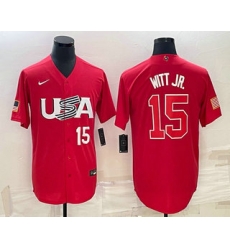 Men USA Baseball #15 Bobby Witt Jr Number 2023 Red World Baseball Classic Stitched Jerseys Men USA Baseball #15 Bobby Witt Jr Number 2023 Red World Baseball Classic Stitched Jerseys