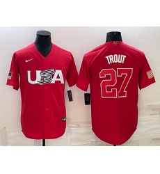 Men USA Baseball 27 Mike Trout 2023 Red World Baseball Classic Stitched Jersey Men USA Baseball 27 Mike Trout 2023 Red World Baseball Classic Stitched Jersey