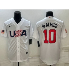 Men's USA Baseball #10 JT Realmuto 2023 White World Baseball Classic Stitched Jersey Men's USA Baseball #10 JT Realmuto 2023 White World Baseball Classic Stitched Jersey