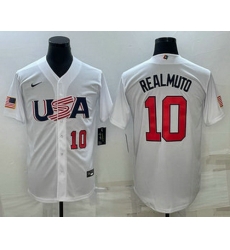Men's USA Baseball #10 JT Realmuto Number 2023 White World Baseball Classic Stitched Jerseys Men's USA Baseball #10 JT Realmuto Number 2023 White World Baseball Classic Stitched Jerseys
