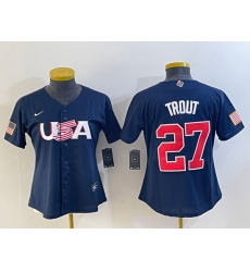 Women's USA Baseball #27 Mike Trout Number 2023 Navy World Classic Stitched Jersey1 Women's USA Baseball #27 Mike Trout Number 2023 Navy World Classic Stitched Jersey1