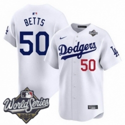 Men Los Angeles Dodgers 50 Mookie Betts 2025 World Series Cool Base Stitched Baseball Jersey White