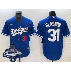Men Los Angeles Dodgers 31 Tyler Glasnow Cool Base 2025 World Champions Stitched Baseball Jersey Blue